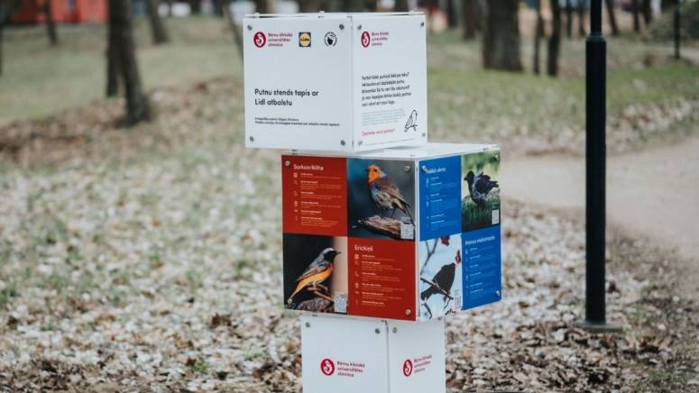 Ar Lidl Latvija atbalstu uzstādītie vides objekti BKUS parkā palīdz mazajiem pacientiem iepazīt slīmnīcas apkaimē dzīvojošo putnu daudzveidību